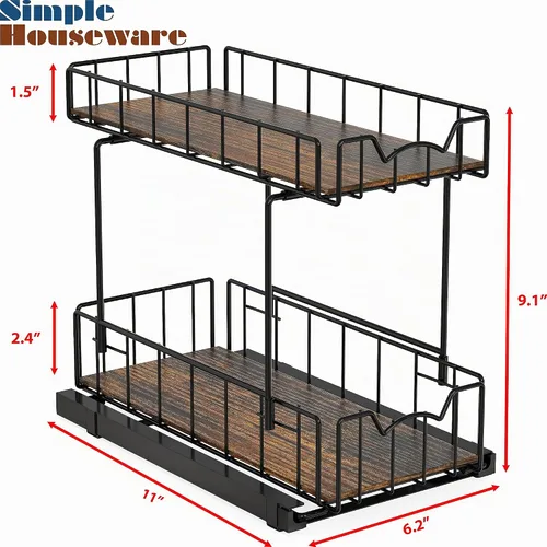 Vista 5 de Simple Houseware Estante de especias de 2 niveles, cajón deslizante para Negro