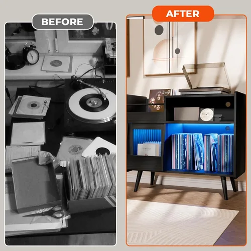 Vista 6 de Soporte grande para tocadiscos con puerta corredera, gabinete de almacenamiento para 350 discos de vinilo, mesa para tocadiscos con toma
