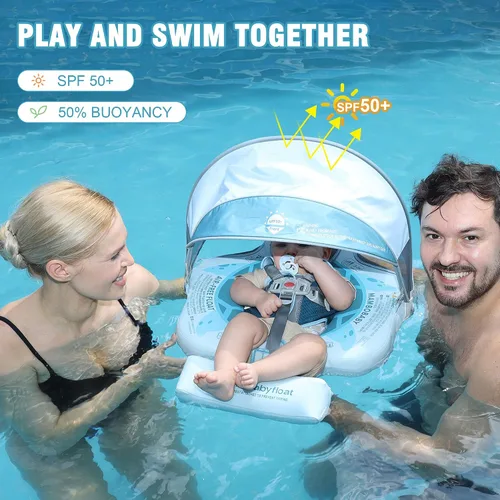 Vista 2 de Mambobaby Flotador de piscina para bebé no inflable con toldo UPF 50+, flotador de natación infantil antideslizante con arnés de seguridad de 5