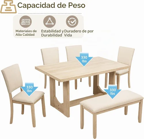 Vista 7 de LUMISOL Juego de mesa de comedor de 6 piezas con banco, juego de mesa de cocina rectangular con base en forma de U, 4 sillas tapizadas y banco