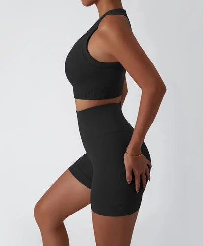 Vista 104 de Conjuntos de entrenamiento para mujer, 2 piezas, sin costuras, acanalada, sin mangas, brasier deportivo, cintura alta, pantalones cortos