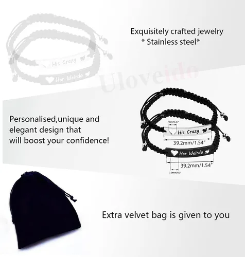 Vista 7 de 1 par de pulseras trenzadas Hademade para parejas, pulseras para hombres y mujeres grabadas con "I Love You 3000, God Gave Me You, His Crazy Her