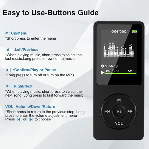 Vista 9 de Reproductor de MP3 con Bluetooth 5.0, pantalla de 1.8 pulgadas, reproductor de música portátil con altavoz HD, música HiFi compatible con radio FM