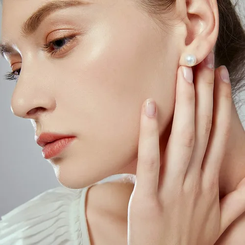 Vista 2 de JORA Aretes redondos de oro de 14 quilates con perlas cultivadas de agua dulce blanca para mujer, calidad AAAA