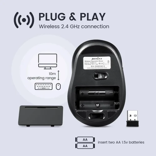 Vista 4 de Perixx PERIMICE-721IB - Ratón ergonómico inalámbrico, diseño óptico de 5 botones, clics silenciosos, compatible con PC de escritorio y portátil