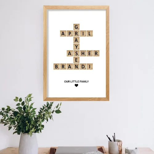 Vista 2 de Cartel o lienzo personalizado con nombre de la familia, estampado de Scrabble de crucigrama, mosaico de letras familiares, rompecabezas con nombre