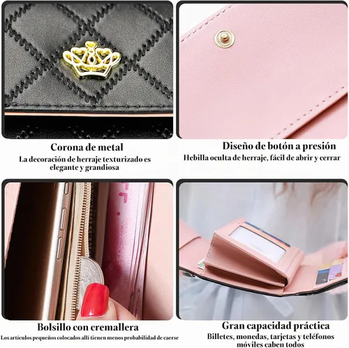 Vista 2 de Cartera larga de cuero con tres pliegues para mujer, con cremallera, hebilla elegante, cartera de mano para mujer, color negro