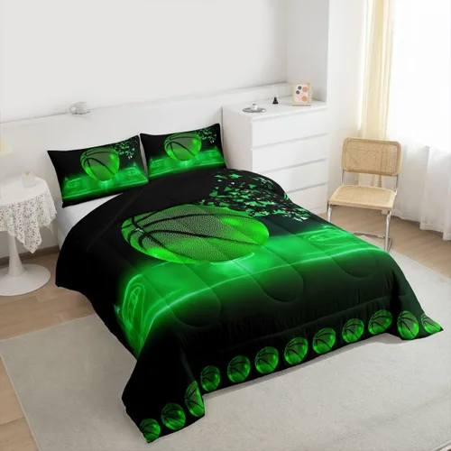 Vista 3 de Erosebridal Juego de edredón de baloncesto, tamaño individual, juego de ropa de cama deportiva de neón para niños, niñas, adolescentes, color verde