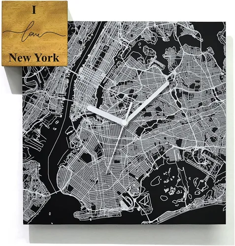 Vista 28 de Modern Wall Clock - Black Aluminum with Silver Fiber Laser Engraving - Square - Contemporary Design - Personalized City Map - Home Town - Location