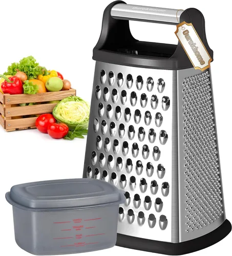 Vista 11 de Ourokhome Rallador de queso, rallador de caja de mano con recipiente y tapa, acero inoxidable de 4 lados para cocina, juliena ondulada, rebanadora