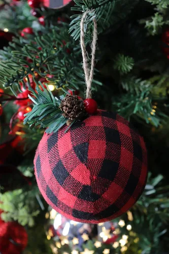 Vista 3 de 12 adornos rústicos para árbol de Navidad, decoración navideña estilo granja, bola navideña de arpillera de yute natural