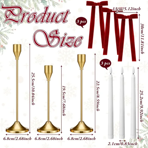 Vista 3 de Amyhill 3 juegos de portavelas de lazo navideño con vela LED y lazos rojos de terciopelo, portavelas dorados de metal para Navidad, portavelas