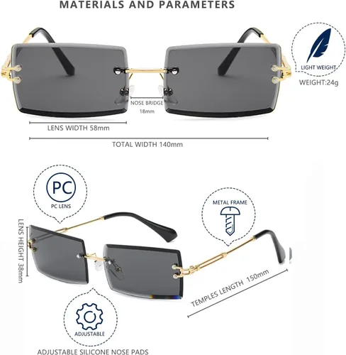 Vista 5 de LASPOR Gafas de sol rectangulares sin montura retro para mujeres y hombres, lentes teñidas de metal dorado, sin marco, gafas cuadradas vintage