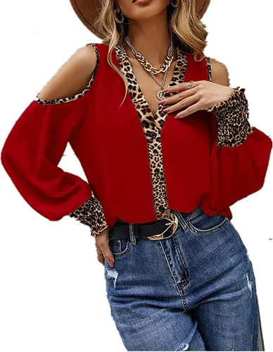 Vista 3 de Camisetas de verano para mujer, con hombros descubiertos, cuello en V, botones, ribete de leopardo, manga larga, blusas sueltas y sexys