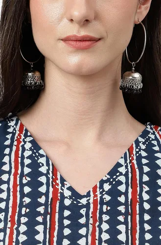 Vista 8 de Janasya Camiseta india de algodón azul marino con estampado geométrico para mujer