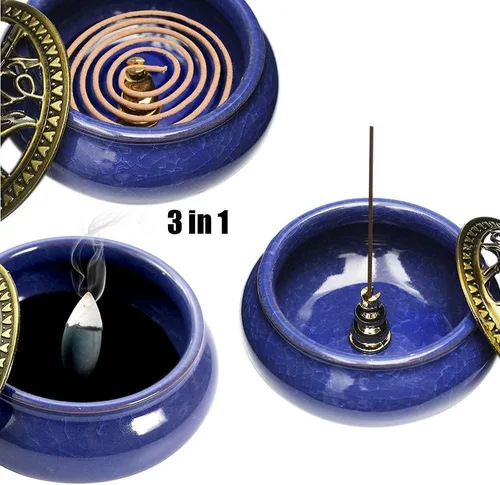Vista 2 de Quemador de incienso con tapa de latón + soporte de incienso + soporte + tapete de fuego para incienso de palo o disco cónico, para decoración