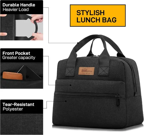 Vista 2 de HOMESPON Bolsa de almuerzo aislada para mujeres y hombres, lonchera hielera para el trabajo, picnic (negro)
