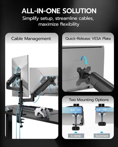 Vista 3 de ARES WING Soporte para Monitor Dual - Brazo de Monitor Ultraancho para Pantalla Curva de Servicio Pesado de 17 a 40 Pulgadas hasta 26.4 libras