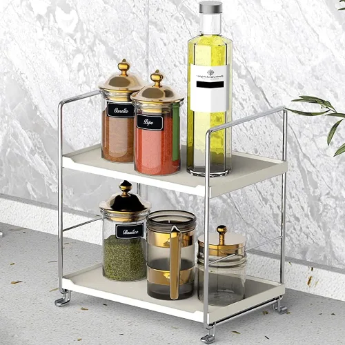 Vista 10 de Repisa de 2 niveles para especias de cocina - Estante organizador apilable independiente para encimera de baño - Soporte organizador de cosméticos
