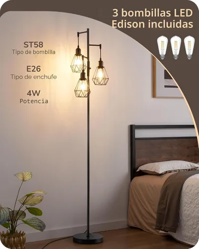 Vista 6 de EDISHINE Lámparas de Pie Estilo Granja de 70 Pulgadas para Sala de Estar, Lámparas Industriales Altas de Pie Regulables con 3 Bombillas LED Edison