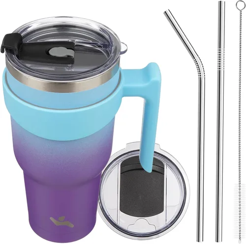 Vista 76 de Konokyo - Vaso de 10 onzas con asa y 2 popotes, 2 tapas, botella de agua aislada de acero inoxidable, taza de viaje reutilizable, color verde militar
