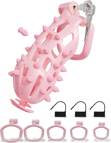 Vista 21 de Cobra Chastity Cage for Men, Invisible Lock, 5 Ball Rings (Pink, XS) Spiked cobra design, lightweight 3D printed open structure, breathable