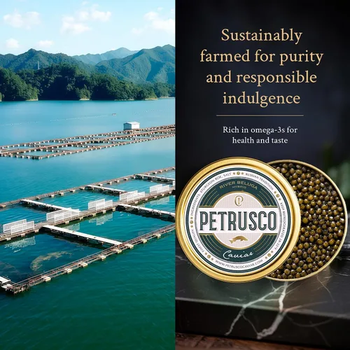 Vista 3 de PETRUSCO River Beluga Hybrid - Caviar negro de alta calidad - Huevas de pescado de esturión gourmet frescas en una lata de metal sellada, 30 g