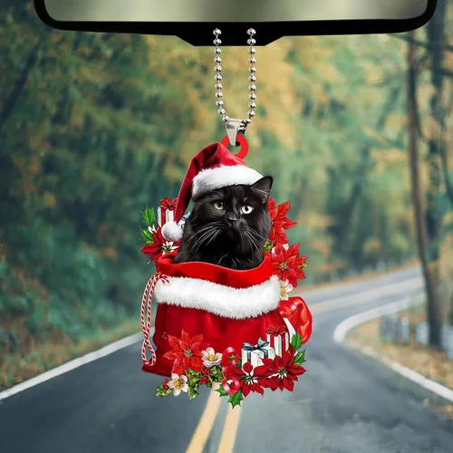 Vista 5 de Talataca Adorno de Navidad plano 2D de gato negro, Gato Negro en bolsa de regalo de Papá Noel rojo, decoración de árbol de pino, colgante de casa 4