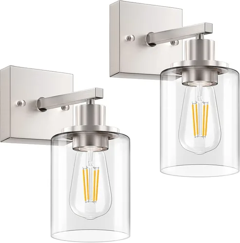 Vista 8 de Licperron Juego de 2 apliques de pared negros y dorados con pantalla de vidrio transparente, accesorios de luz de tocador mate negros, luces