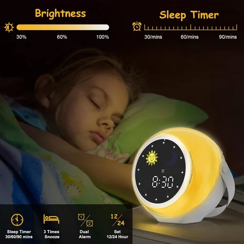 Vista 5 de Reloj despertador para niños, reproductor de música Bluetooth y reloj digital, máquina de sonido para dormir para dormitorio de niños, despertador