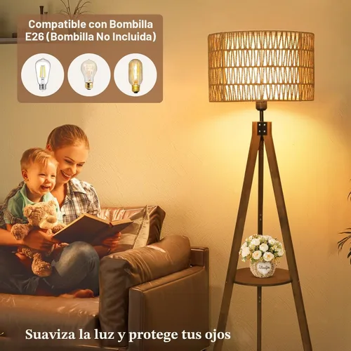Vista 5 de LAMSU Lámparas de pie estilo bohemio con trípode para sala de estar, lámpara de pie de madera de ratán con pantallas de tela, lámpara de pie