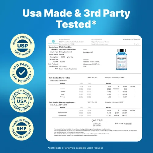 Vista 9 de Ultimate Methylene Blue Cápsulas para humanos 20 mg – Combustible de enfoque y vitaminas de memoria Grado farmacéutico de metileno azul 2%