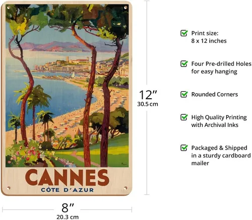 Vista 2 de Cannes - Côte d'Azur Francia - Riviera francesa - Póster vintage de viaje por Lucien Peri c.1938-8 x 12 pulgadas - Cartel de arte de madera vintage