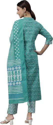 Vista 5 de Janasya Kurta de algodón verde indio con pantalón y dupatta para mujer