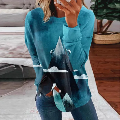 Vista 3 de Camisas de manga larga de otoño para mujer, blusa de cuello redondo, camisa de moda estampada, suéter casual, sudaderas sueltas