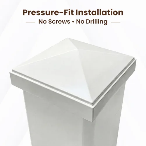Vista 2 de Tapa de poste piramidal de aluminio de 2 x 2 pulgadas para postes de metal, ajuste a presión, color blanco con recubrimiento en polvo, resistente al