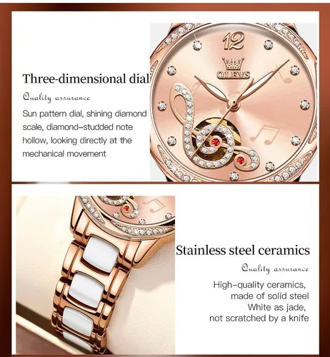 Vista 3 de OLEVS Reloj para mujer automático automático mecánico reloj de pulsera para mujer, cara grande, dos tonos, acero inoxidable, pulsera de cerámica