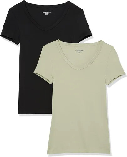 Vista 27 de Amazon Essentials Camiseta ajustada de manga corta con cuello en V para mujer, paquete de 2 Negro
