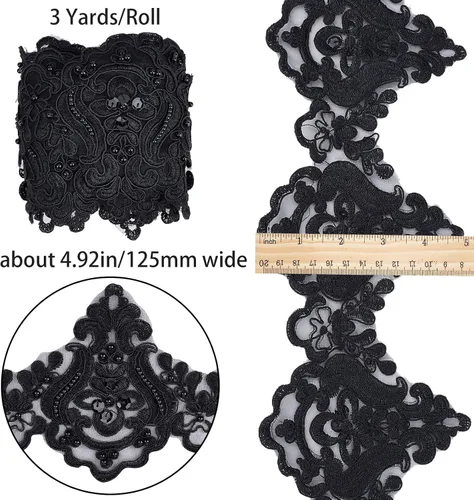 Vista 2 de GORGECRAFT 3 yardas y 5 pulgadas de encaje negro Venecia bordado inelástico bordado festoneado cinta de flores bordadas de cuentas patrón de ondas