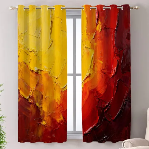 Vista 65 de Shrahala Beige and Orange Abstract Art Brushstrokes Blackout Curtain Tiers, Abstract Oil Paint Kitchen Valance Light Blocking Tier Drapes with Rod
