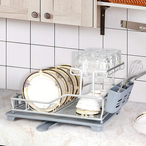 Vista 2 de Escurridor de platos con tabla de drenaje giratoria de 360° y boquilla de drenaje, escurridor de platos de aluminio inoxidable de 2 niveles