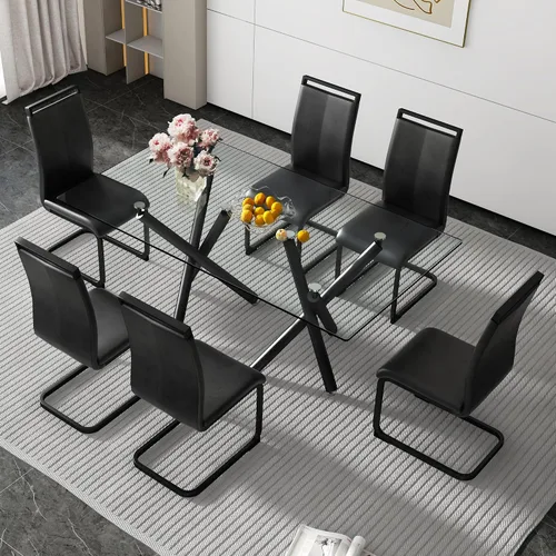 Vista 30 de Juego de 6 mesas de comedor de cristal, moderno juego de mesa de comedor de vidrio templado rectangular transparente de 71 pulgadas y 6 sillas