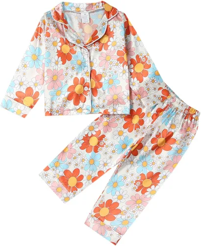 Vista 24 de Conjunto de pijama de satén para niños, niña y niño, con botones, camiseta para dormir+pantalones largos, ropa para dormir y de estar en casa W Rosa