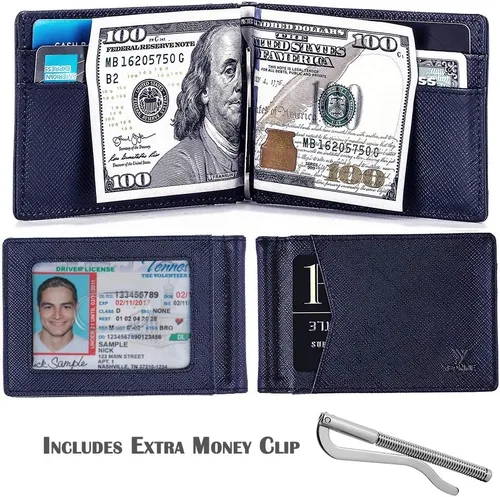 Vista 22 de YBONNE - Cartera fina con clip para dinero, de cuero auténtico, bloqueo RFID, minimalista