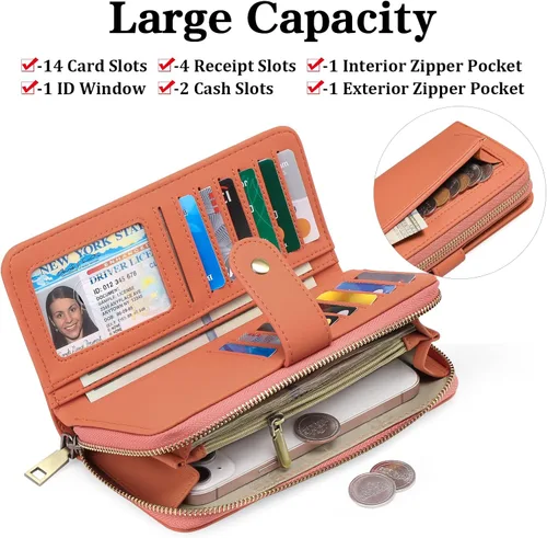Vista 2 de GAEKEAO Cartera de mano para mujer, con bloqueo RFID, de piel, de gran capacidad, con correa de mano