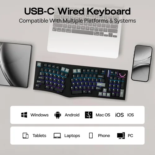 Vista 7 de MechLands Feker Alice98 Teclado mecánico ergonómico personalizado de 98 teclas, VIA programable, teclado para juegos con cable USB-C, intercambiable