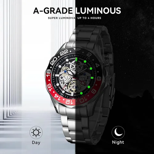 Vista 4 de TSAR BOMBA Relojes mecánicos automáticos híbridos GMT de lujo para hombres, 656.2 ft, impermeable, esqueleto japonés, movimiento de carga