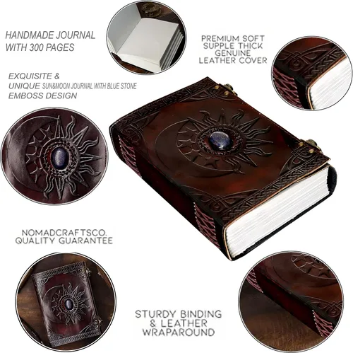 Vista 7 de Diario de cuero C Leather con relieve de sol y luna y hermosa piedra azul, cuaderno, planificador, organizador, libro de bocetos, libro en blanco