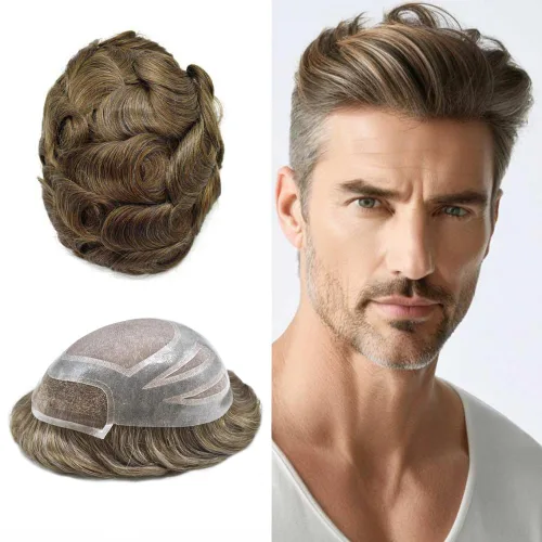 Vista 14 de Toupee - Piezas de pelo para hombres, cabello humano real, sistema de reemplazo de cabello francés, encaje francés, extensiones de cabello