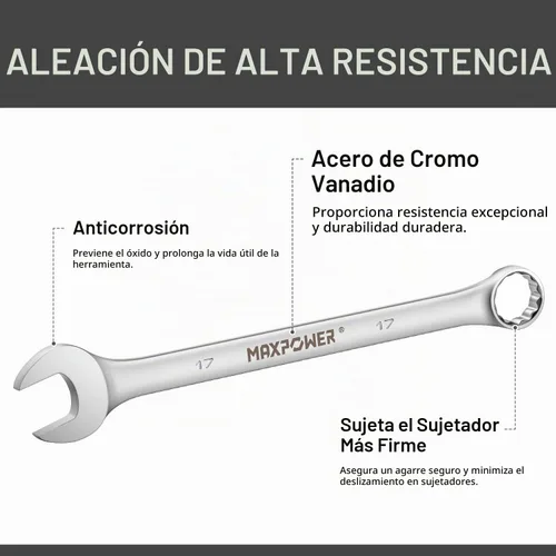 Vista 2 de MAXPOWER - Llave combinada de 0.669 in, llaves de grado industrial con acero al cromo vanadio, acabado arenado, forjado tratado térmicamente, SAE